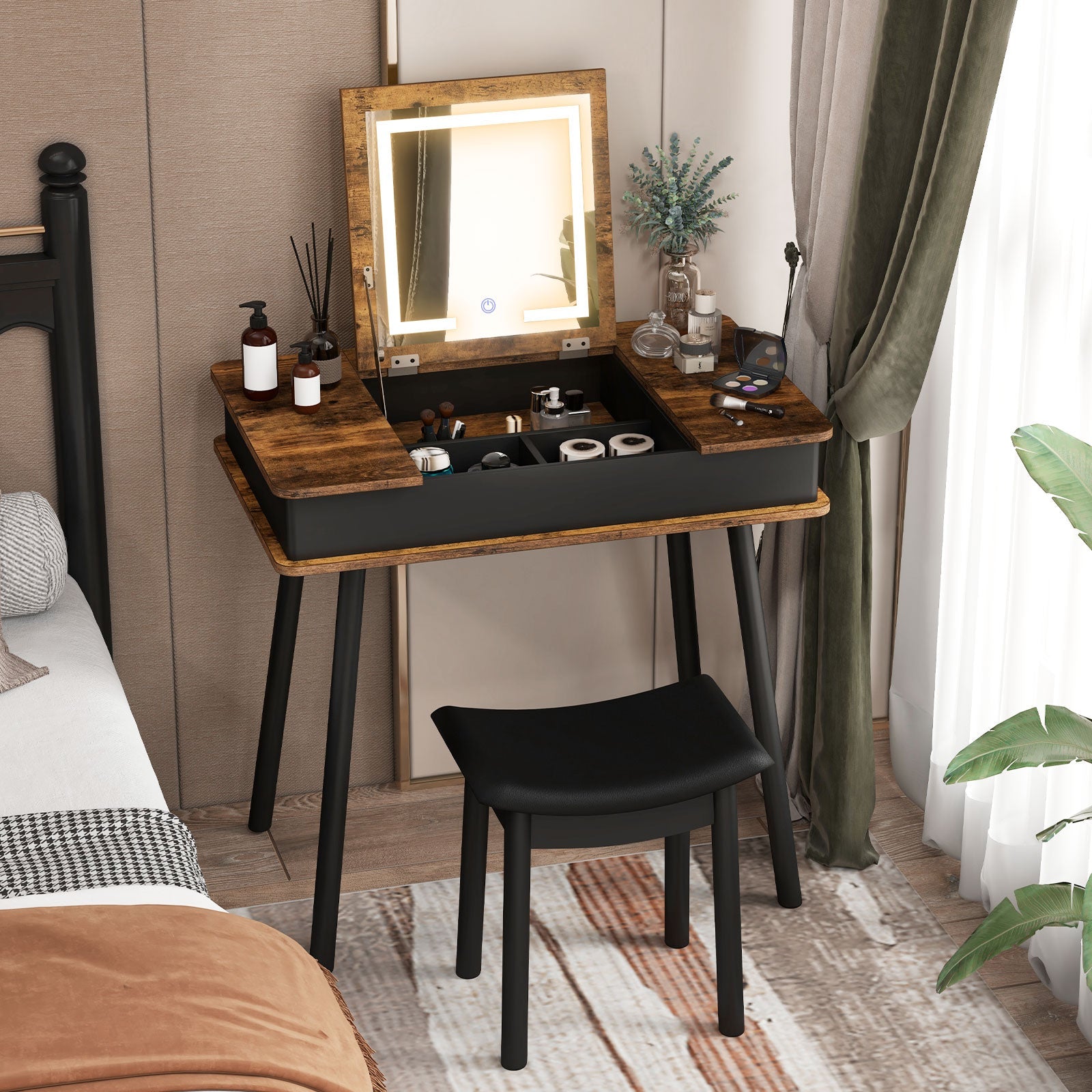 Vanity Table Set with Lighted Mirror & Stool