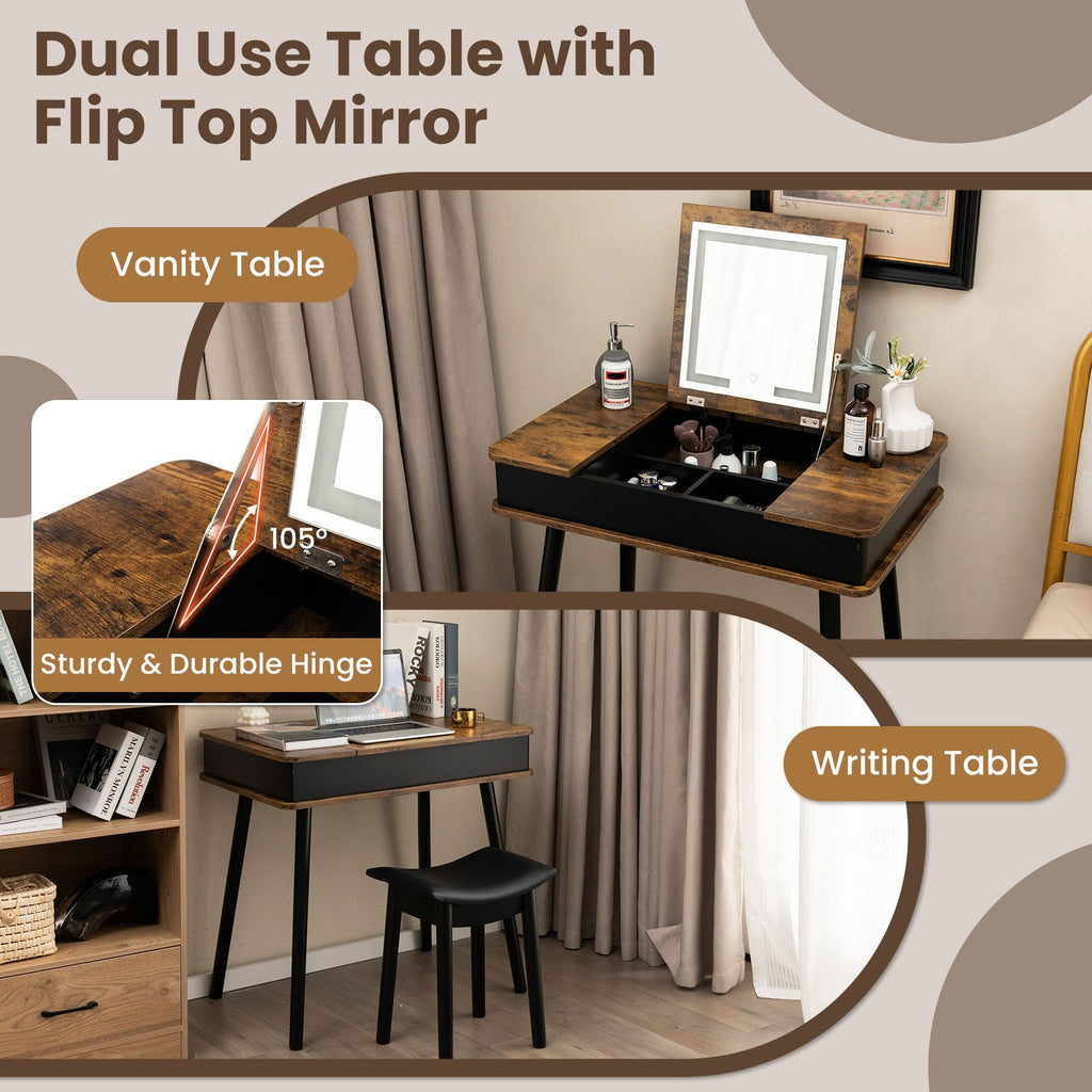 Vanity Table Set with Lighted Mirror & Stool