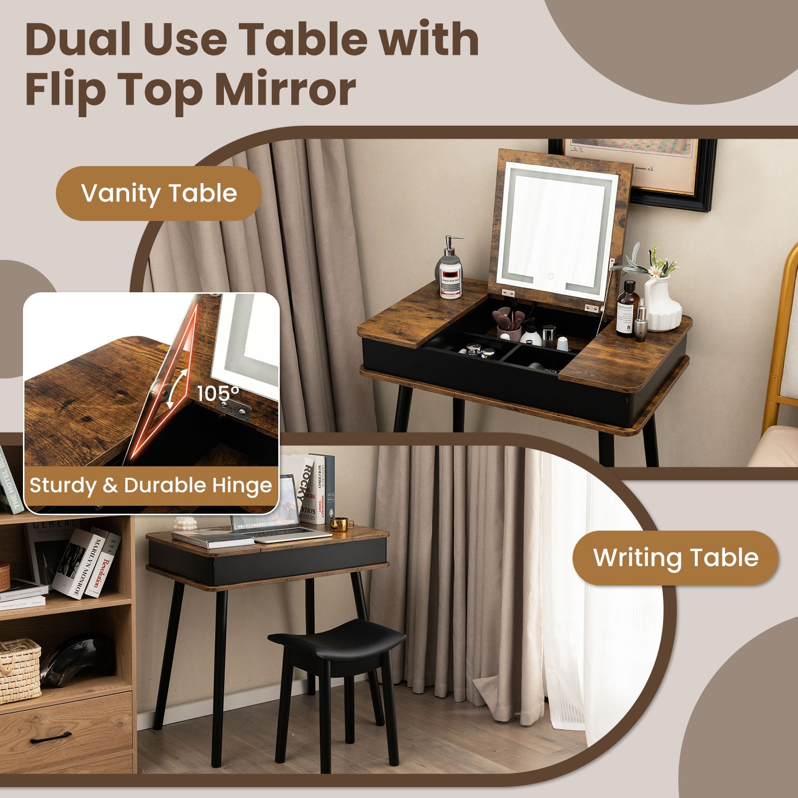 Vanity Table Set with Lighted Mirror & Stool