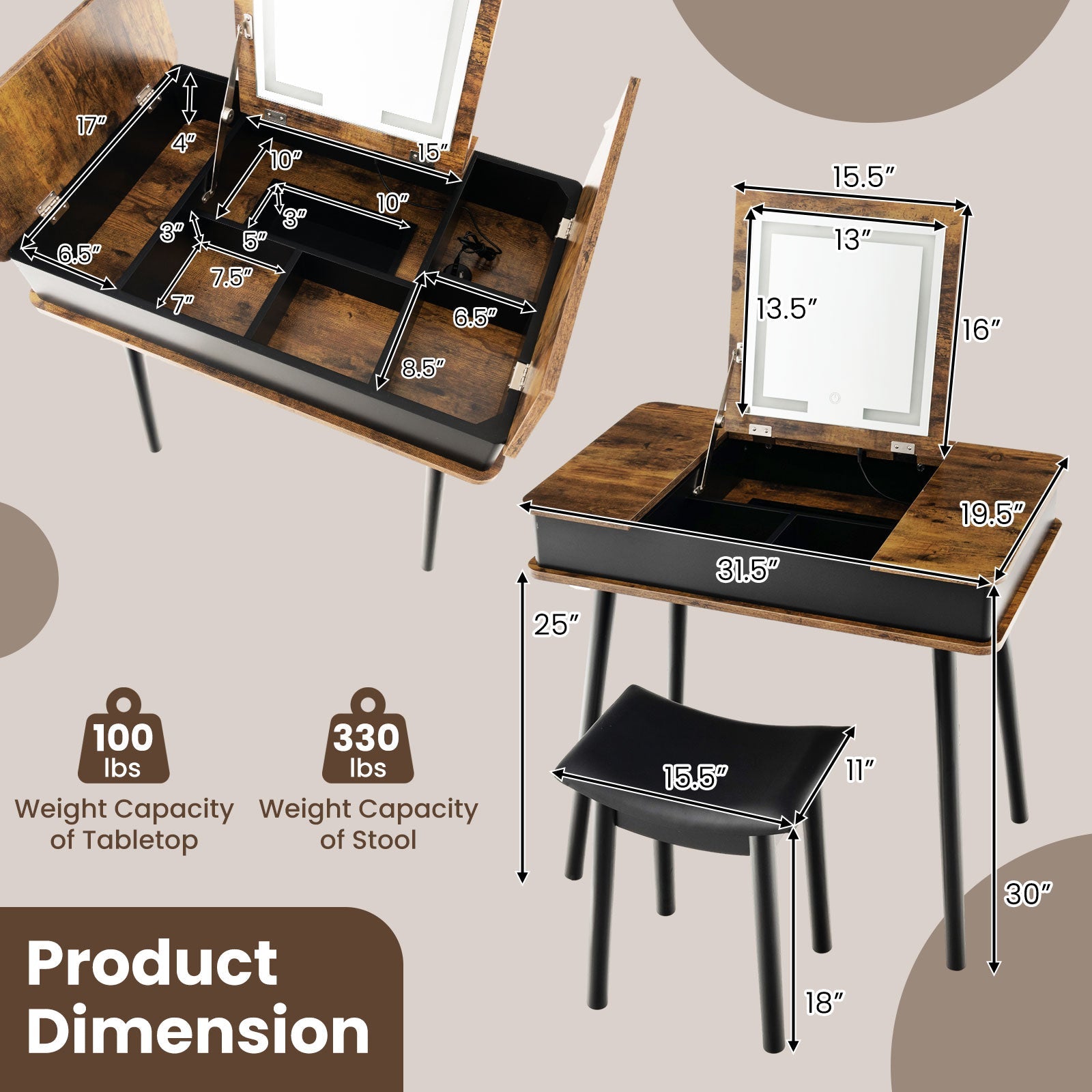 Vanity Table Set with Lighted Mirror & Stool